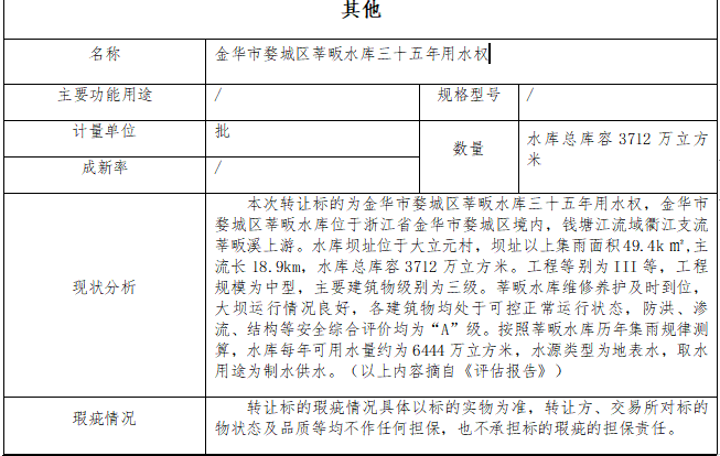 金华市婺城区莘畈水库三十五年用水权