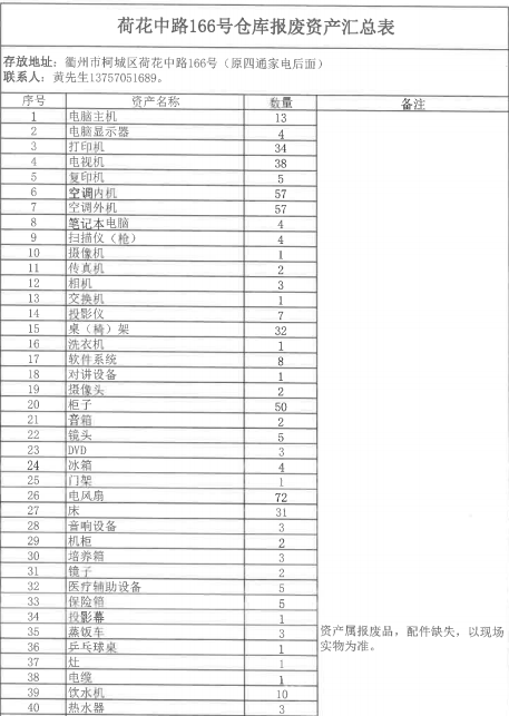 8月8日衢州荷花中路166号电脑主机、打印机、空调内机等一批报废资产处置转让公告